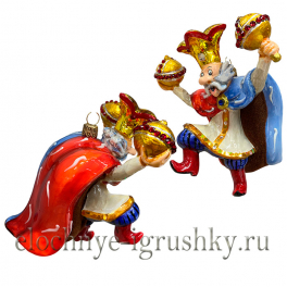 Большой набор елочных игрушек из стекла «Летучий корабль», в деревянном ларце