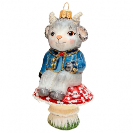 Стеклянная ёлочная игрушка «Козлёнок на мухоморе», 11х6 см