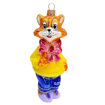 Стеклянная ёлочная игрушка «Кот с бантом», 14х6 см