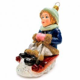 Стеклянная ёлочная игрушка «Мальчик на зимних санках», 10х8х6 см