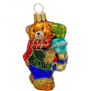 Стеклянная ёлочная игрушка «Мини-мишка с подарками», 7х3,5 см