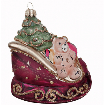Стеклянная ёлочная игрушка «Сани с подарками, красные», 10х9 см