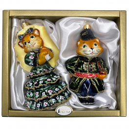 Набор из 2-х стеклянных ёлочных игрушек «Кошка модница и котофей»