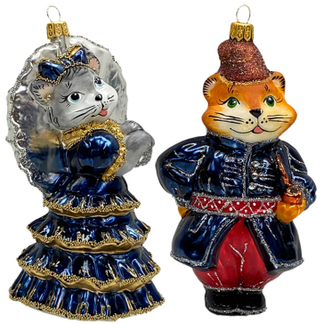Набор из 2-х стеклянных ёлочных игрушек «Кошка с зонтиком и котофей» в коробке