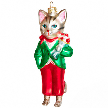 Стеклянная ёлочная игрушка «Котик с букетом», 6х14 см